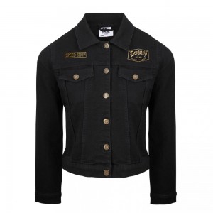 Women`s black stretch jeans jacket with custom patches